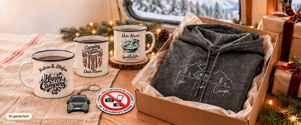 Weihnachtsgeschenke für Camper: personalisierte Emaille-Tassen, Hoodie, Schlüsselanhänger und Warnaufkleber