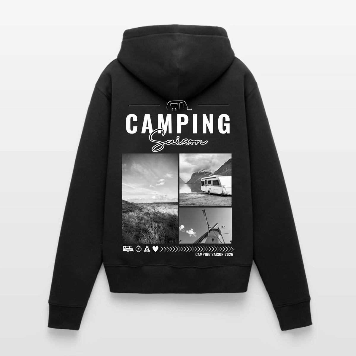 Personalisierter Foto Hoodie Damen in Schwarz – Rückendruck „Camping Saison“ mit Collage aus drei eigenen Fotos und Wohnwagen-Symbol