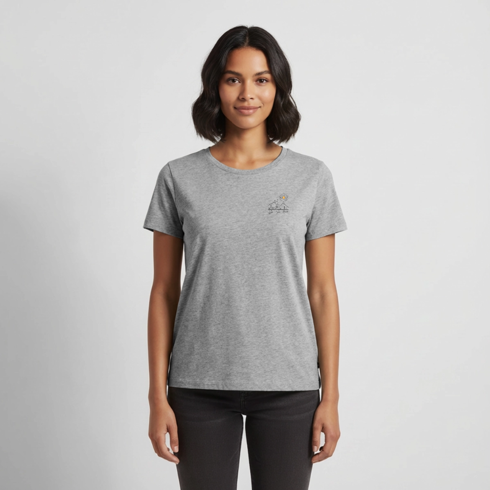 Lebe Liebe Campe - Damen Camping T-Shirt - Brust - Grau meliert