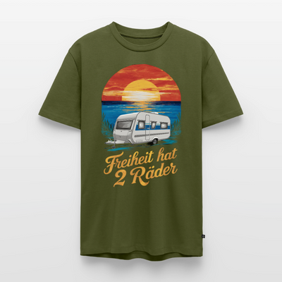 Freiheit hat 2 Räder - Herren Camping T-Shirt - Wohnwagen - Khaki