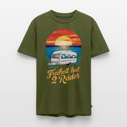 Freiheit hat 2 Räder - Herren Camping T-Shirt - Wohnwagen - Khaki