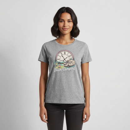 Zeit steht still - Damen Camping T-Shirt - Wohnmobil - Grau meliert