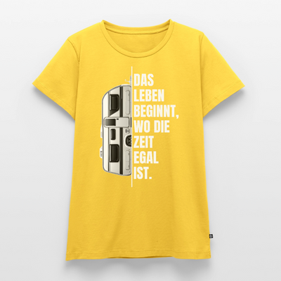 Camping ist Zeitlos - Damen Camping T-Shirt - Wohnwagen - Sonnengelb
