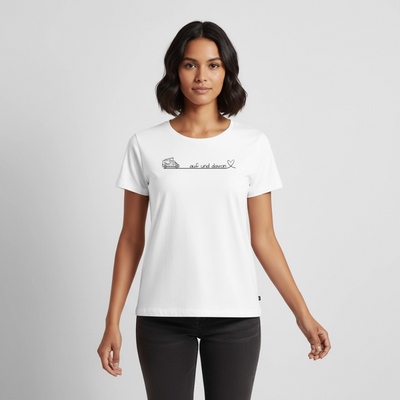 Auf und Davon - Damen Camping T-Shirt - Bulli / Van - Weiß