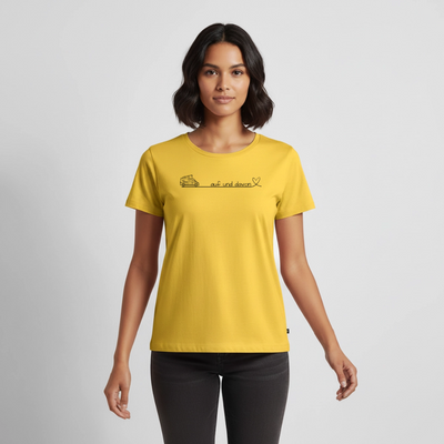 Auf und Davon - Damen Camping T-Shirt - Bulli / Van - Sonnengelb