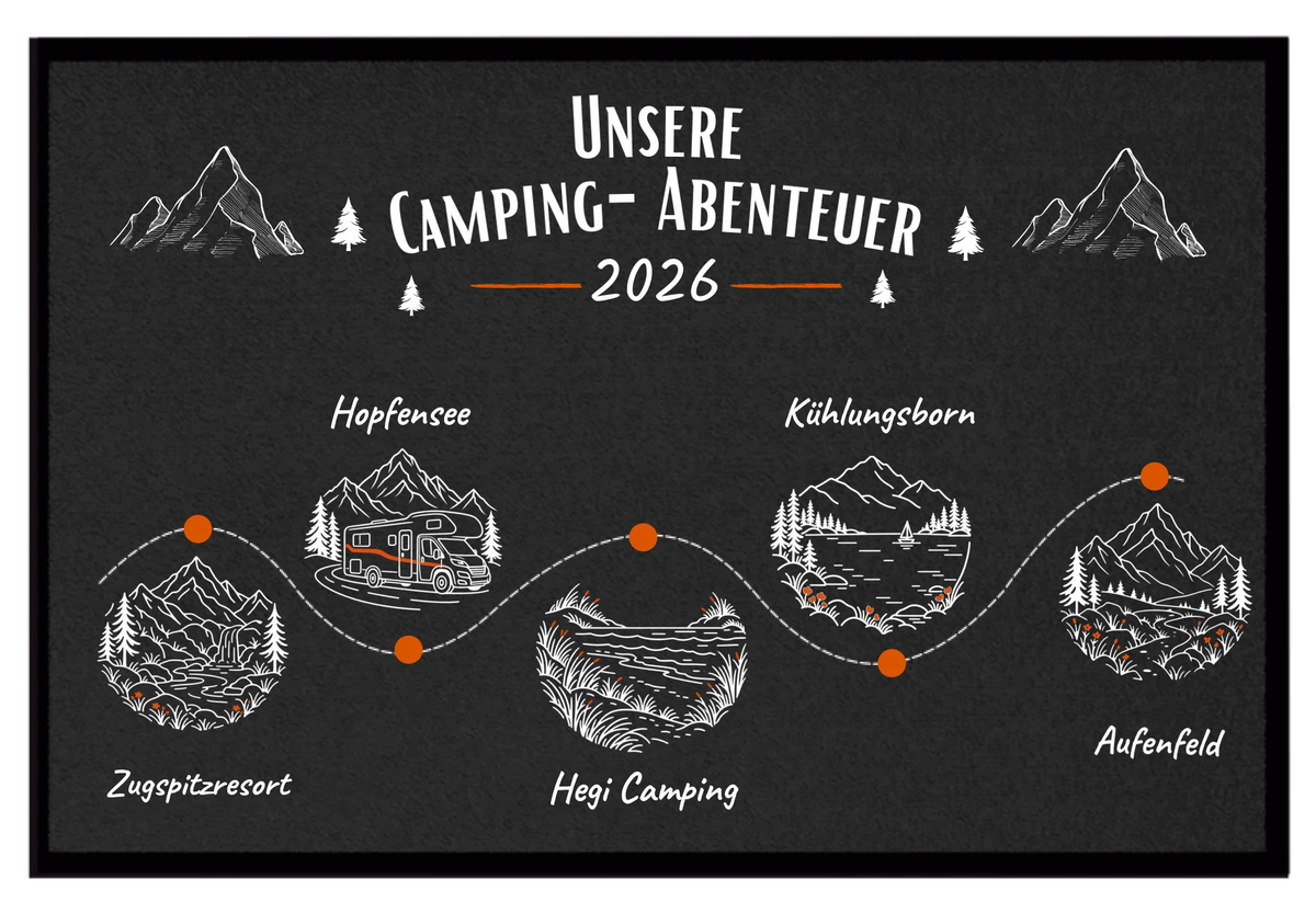 Personalisierte Camping Fußmatte „Unsere Camping-Abenteuer 2026“ mit Route, 5 Stopps und Landschaften, Schwarz, 40 × 60 cm