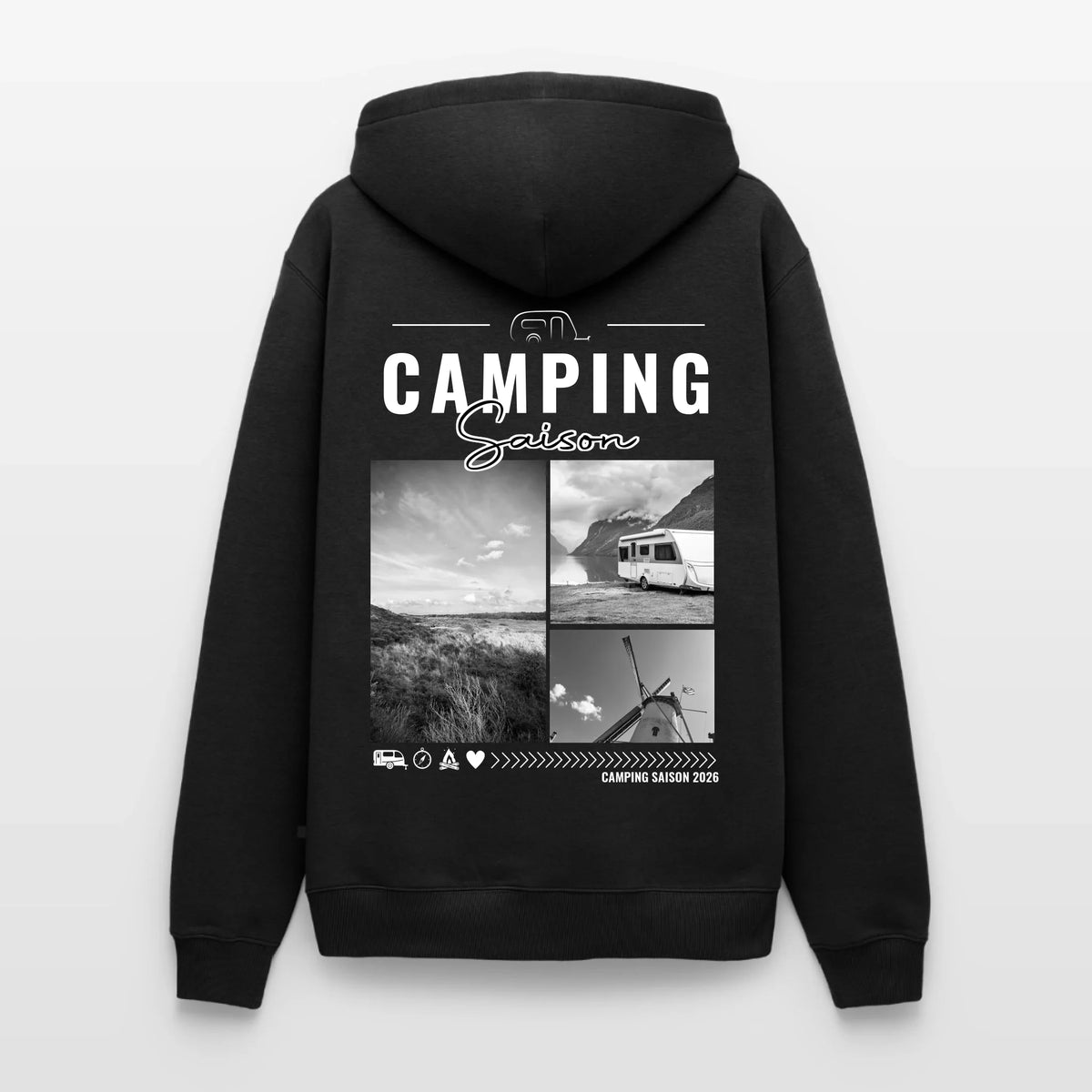Personalisierter Foto Hoodie Herren in Schwarz – Rückendruck „Camping Saison“ mit Collage aus drei eigenen Fotos und Wohnwagen-Symbol
