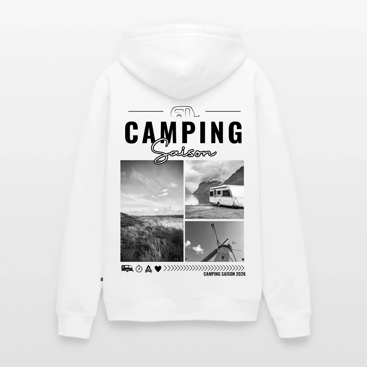 Personalisierter Foto Hoodie Herren in Weiß – Rückendruck „Camping Saison“ mit Collage aus drei eigenen Fotos