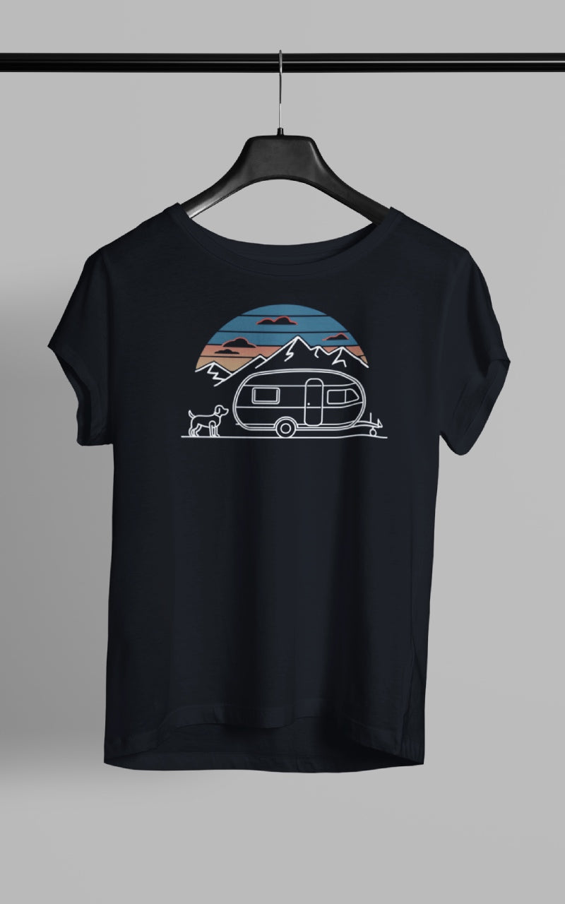 Damen Camping T-Shirt - Wohnwagen mit Hund