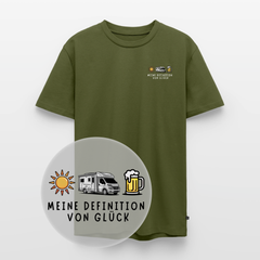 Herren T-Shirt „Meine Definition von Glück“ mit Wohnmobil in Olivgrün, Motiv-Detail