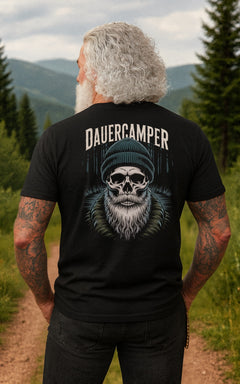 Rückenansicht: Herren T-Shirt „Dauercamper“ mit Totenkopf-Motiv in Schwarz