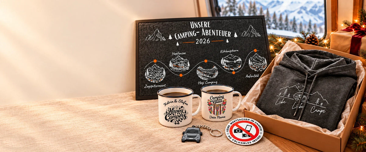 Personalisierte Camping-Fußmatte „Unsere Camping-Abenteuer 2026“, Emaille-Tassen mit Namen und Camping-Hoodie als Weihnachtsgeschenke für Camper